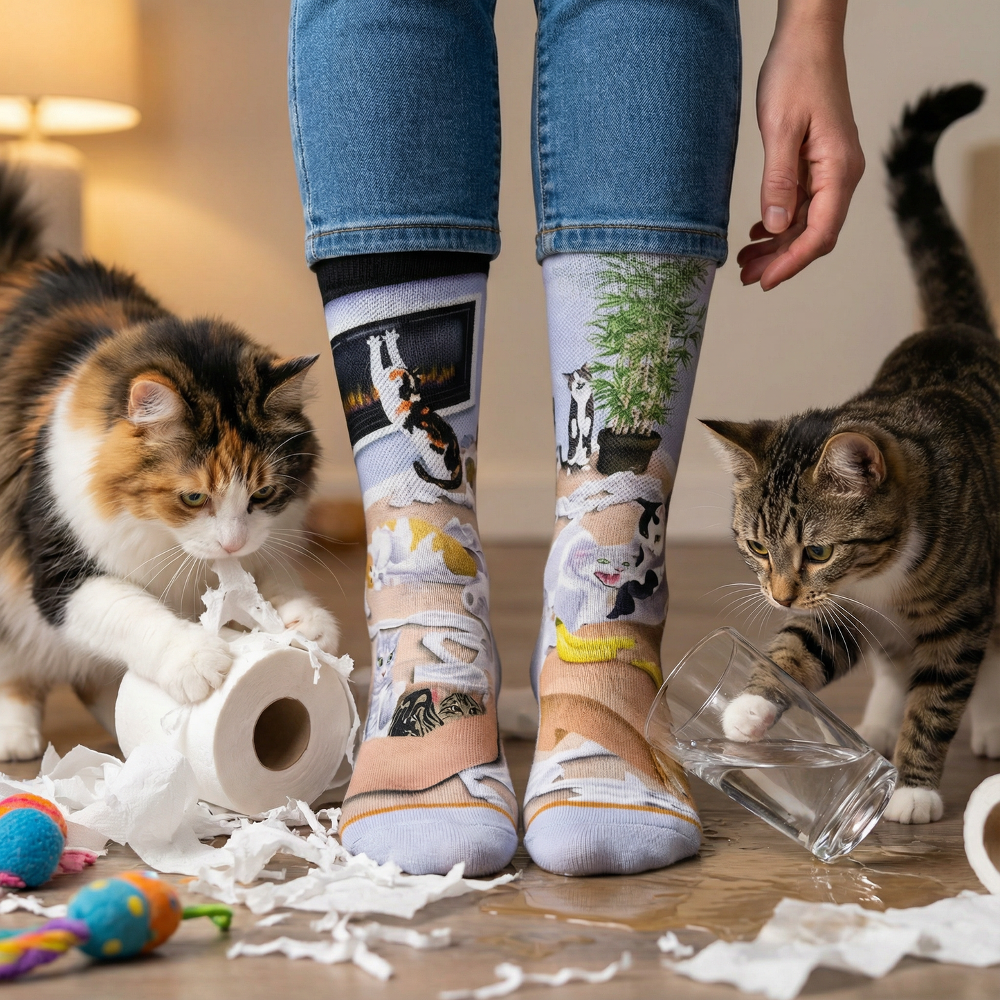 Cats Causing Catastrophe Women's  Socks in Lilac | Mischief Cat Design Crew Socks