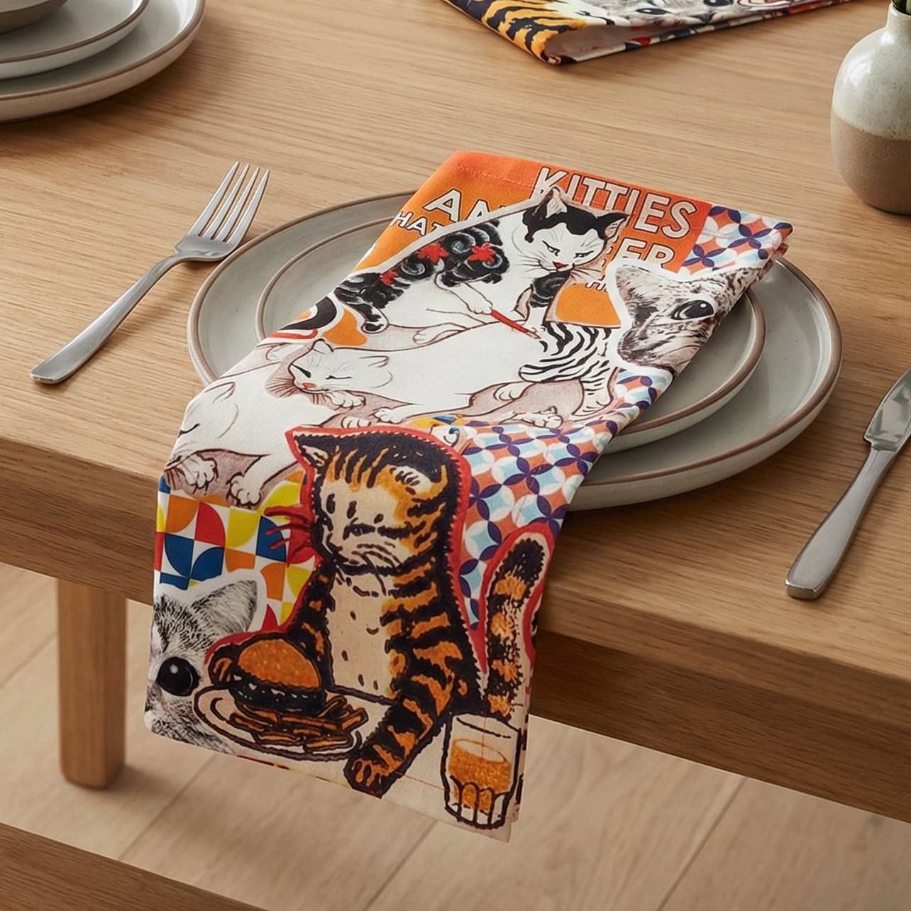 Cats Collage Cloth Napkins Set of 4 | Vintage Style Cotton Cat Print Napkins | 18" x 18"