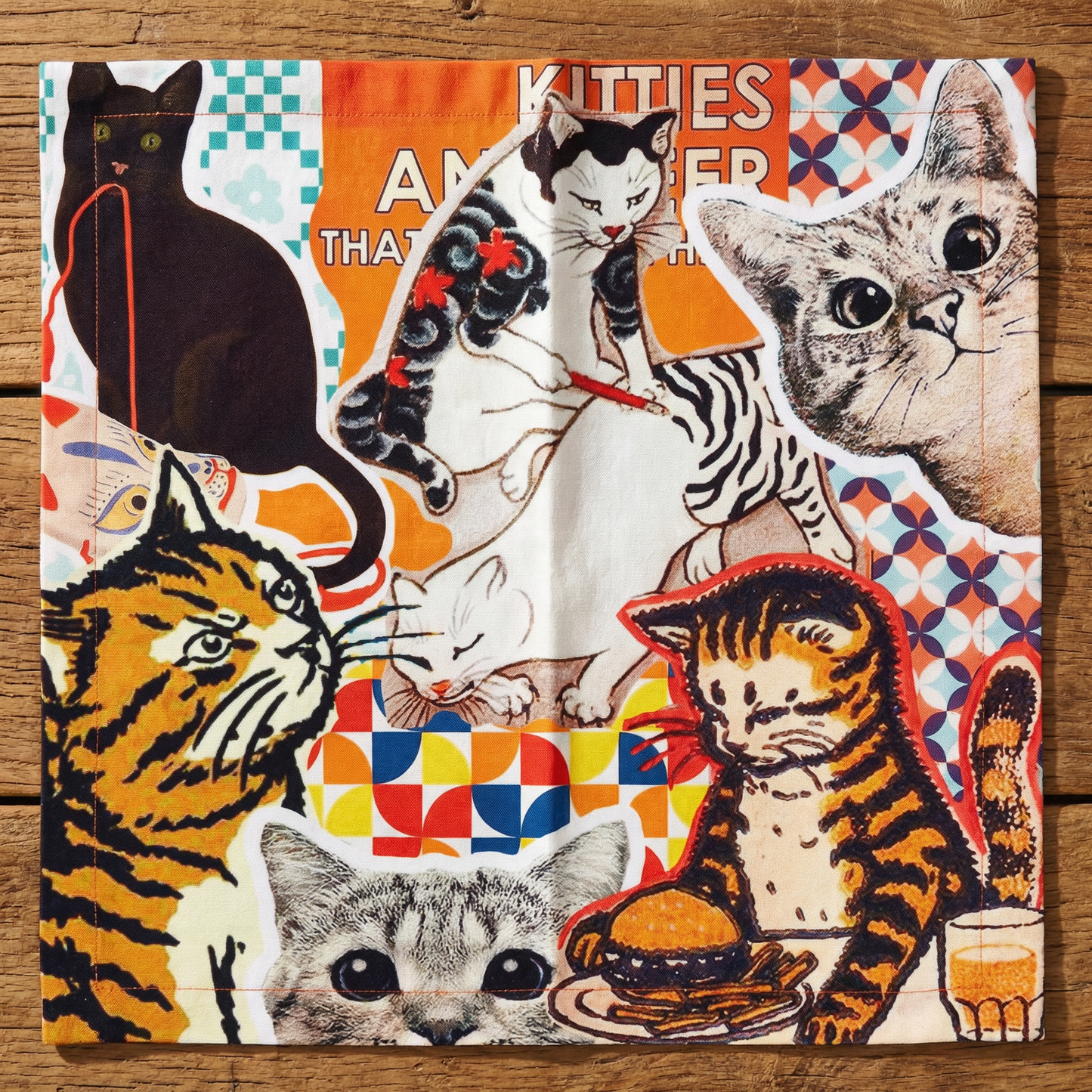 Cats Collage Cloth Napkins Set of 4 | Vintage Style Cotton Cat Print Napkins | 18" x 18"