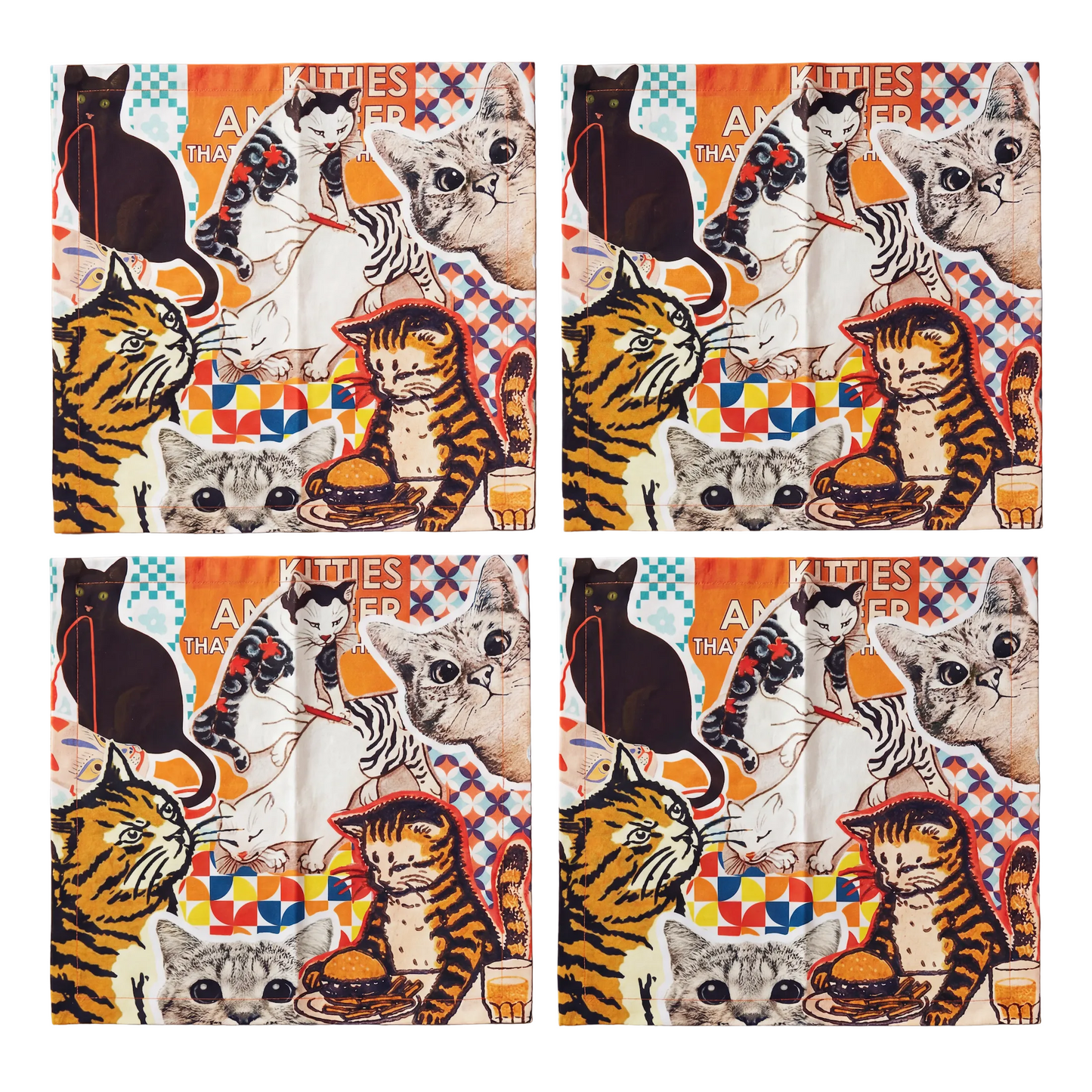 Cats Collage Cloth Napkins Set of 4 | Vintage Style Cotton Cat Print Napkins | 18" x 18"