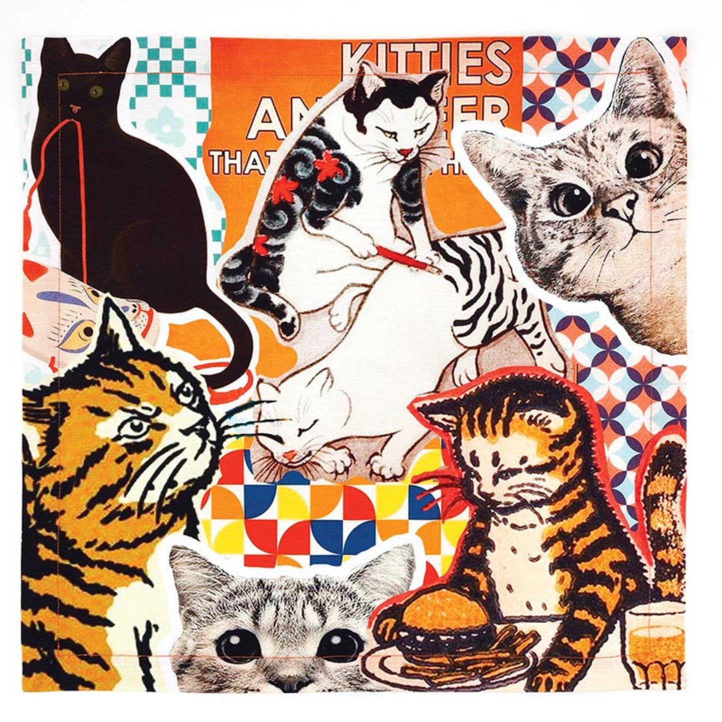 Cats Collage Cloth Napkins Set of 4 | Vintage Style Cotton Cat Print Napkins | 18" x 18"