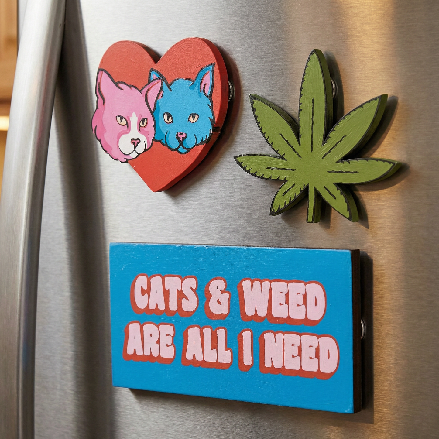 Cats & Weed Are All I Need Magnet Set | Funny Cat & Leaf Wooden Magnets Set of 3