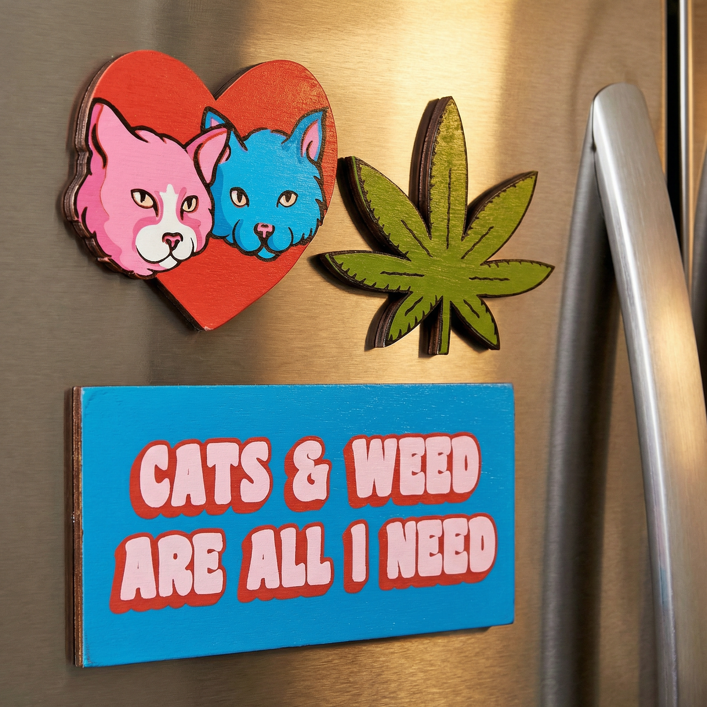 Cats & Weed Are All I Need Magnet Set | Funny Cat & Leaf Wooden Magnets Set of 3