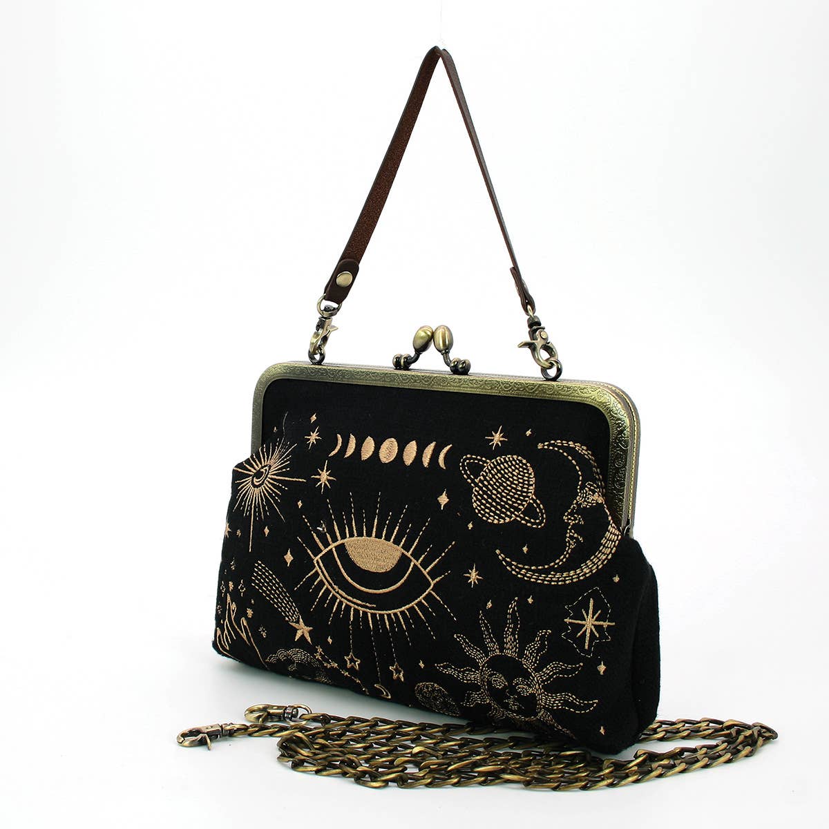 Celestial Kisslock Bag | Cosmic Theme Handheld Shoulder Bag in Black and Gold