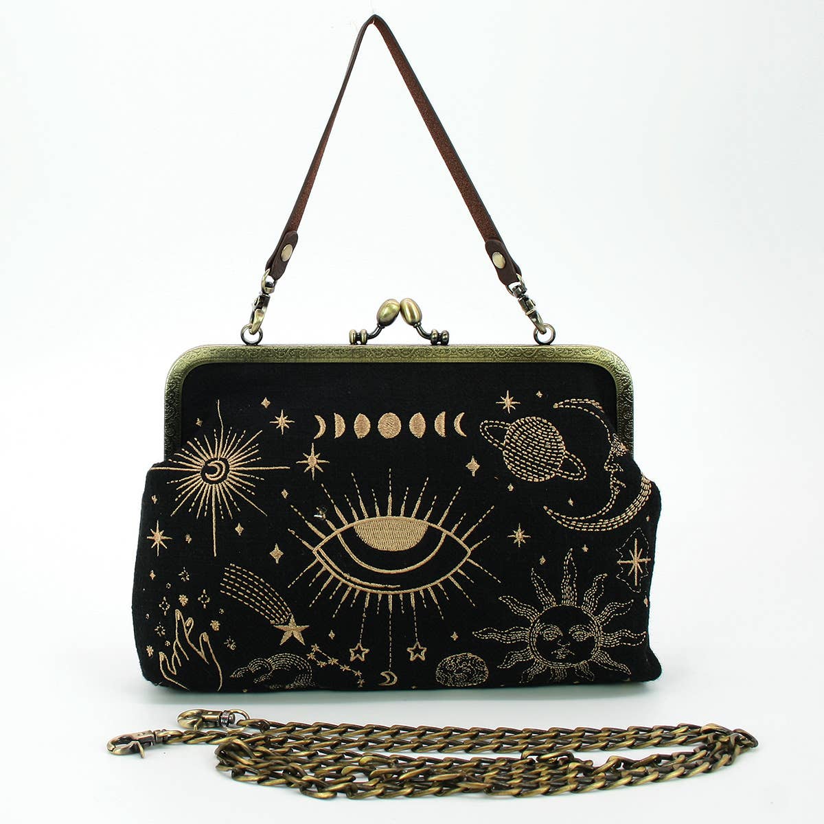 Celestial Kisslock Bag | Cosmic Theme Handheld Shoulder Bag in Black and Gold