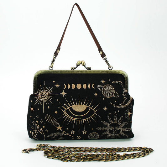 Celestial Kisslock Bag | Cosmic Theme Handheld Shoulder Bag in Black and Gold