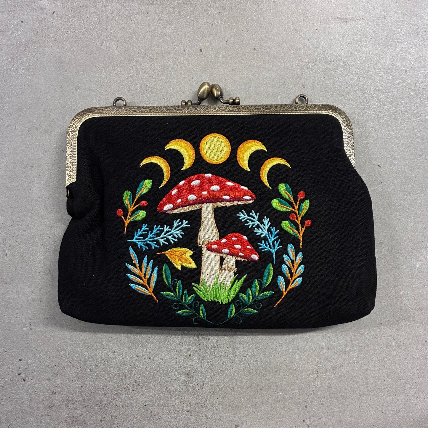 Celestial Mushroom Kiss Lock Bag in Linen Cotton Blend Mater | Embroidered Vintage Purse