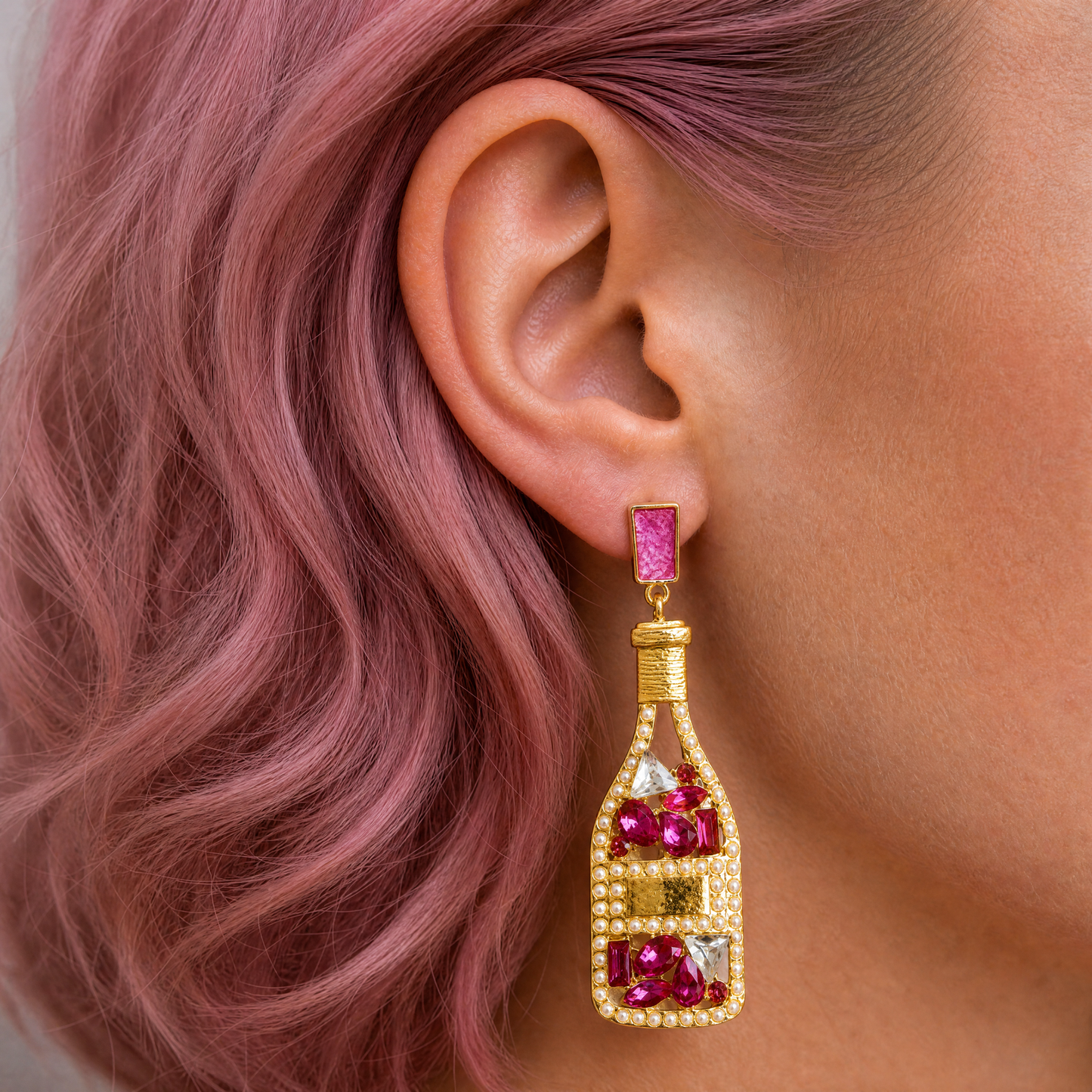 Champagne Bottles Dangle Earrings | Glitzy Statement Earrings in Pink and Gold