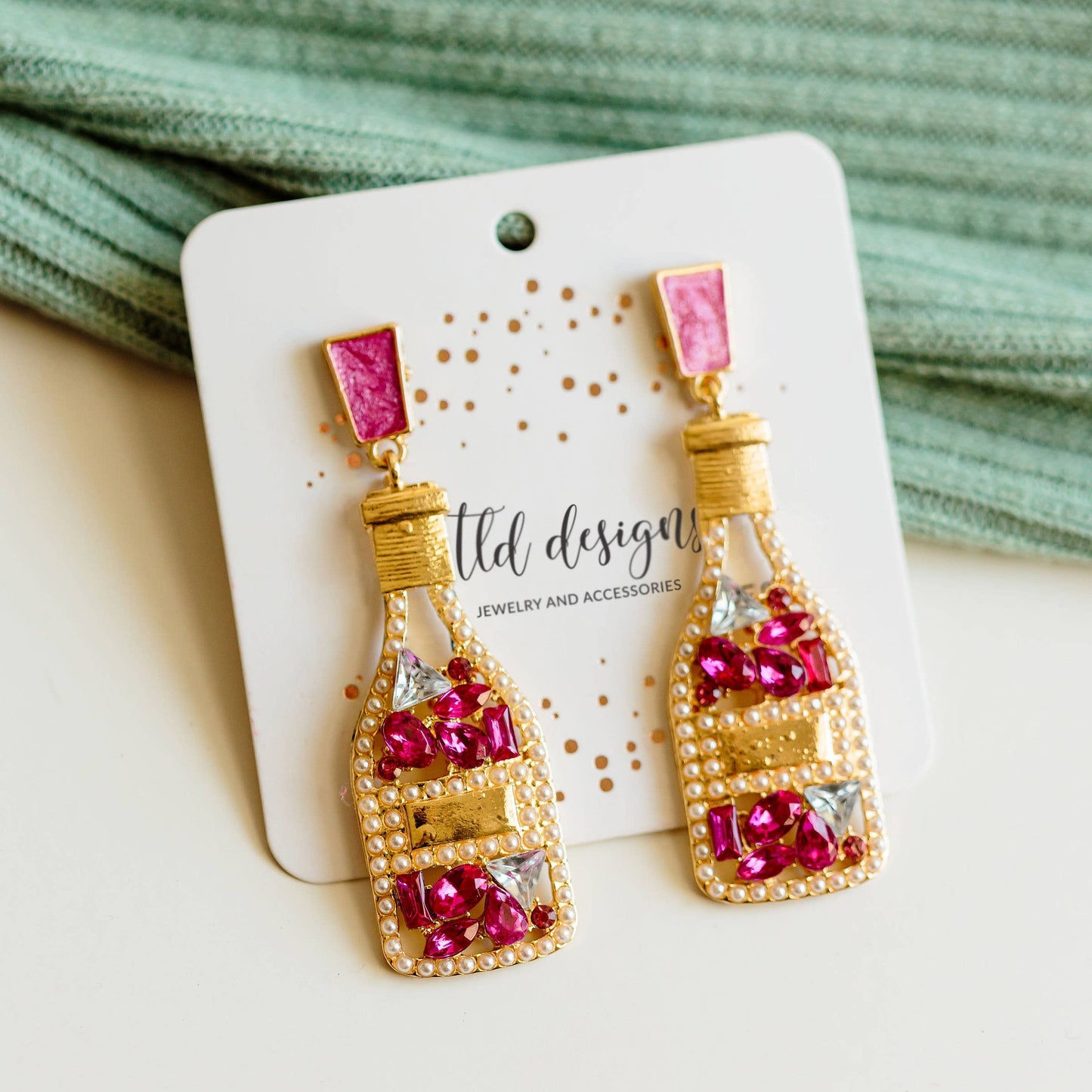 Champagne Bottles Dangle Earrings | Glitzy Statement Earrings in Pink and Gold