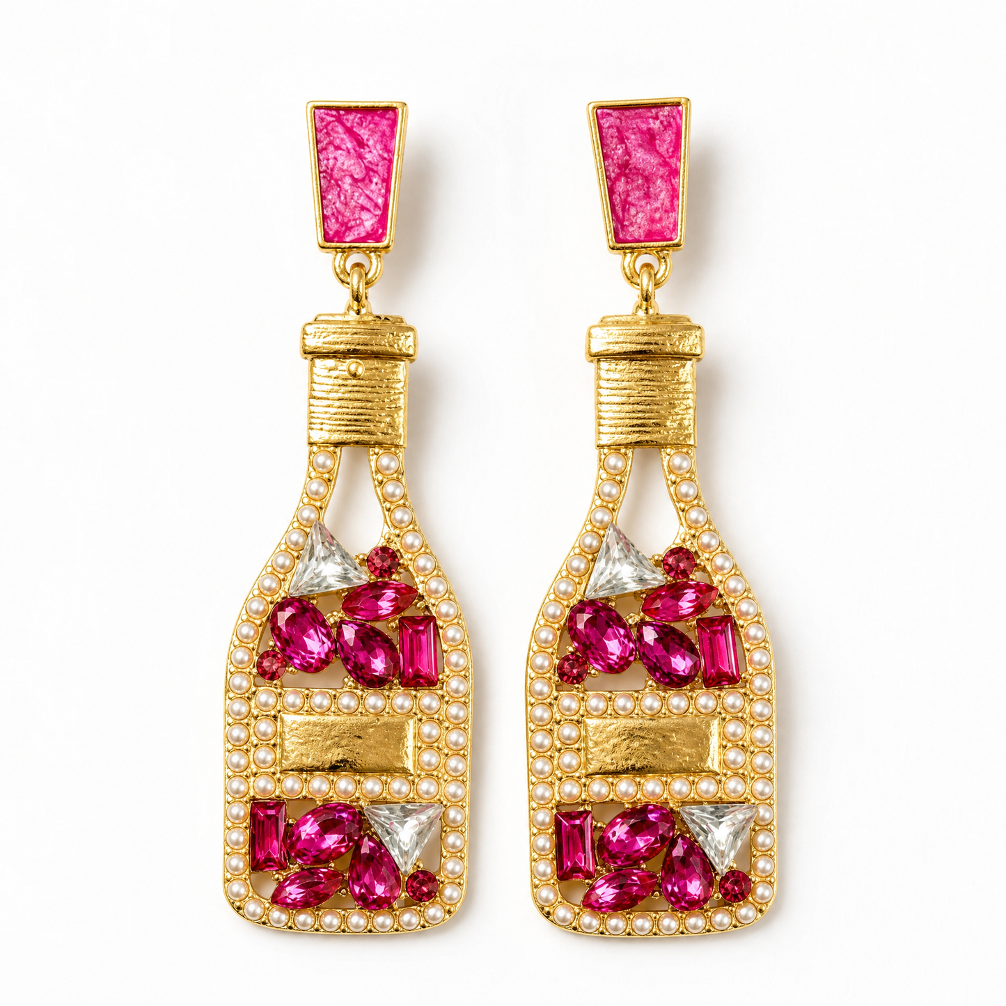 Champagne Bottles Dangle Earrings | Glitzy Statement Earrings in Pink and Gold