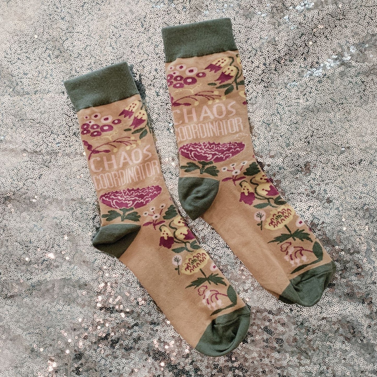 Chaos Coordinator Funny Socks in Green and Floral | Gift for Her