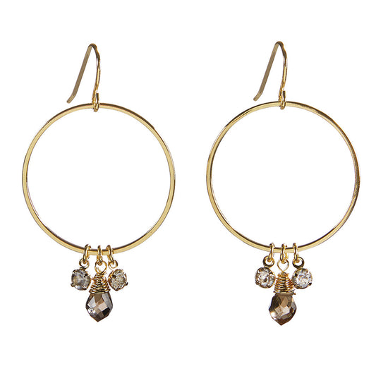 Charcoal Dangle Hoops Earrings in Gold | Cut Glass Crystal Gemstones