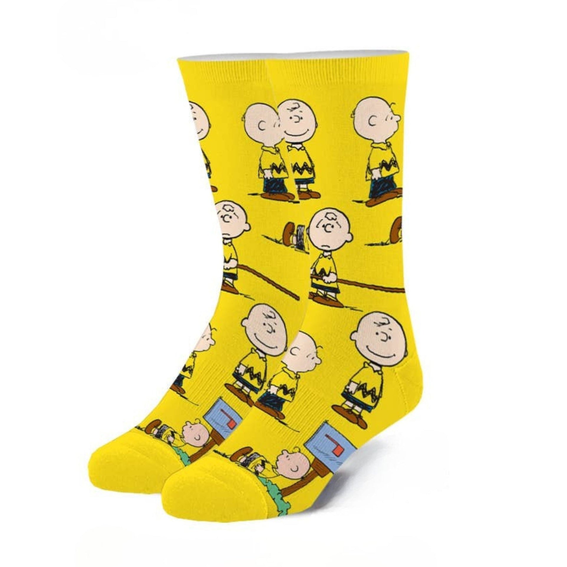 Yellow socks with cartoon character pattern on a white background