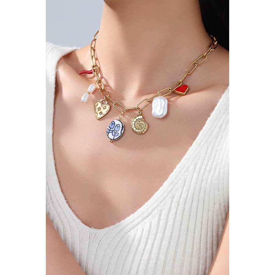 Charm Necklace Tulip and Chili Pepper 18K Stainless Steel Tarnish Free Gold Finish | 16" Long | Paper Clip Style Chain
