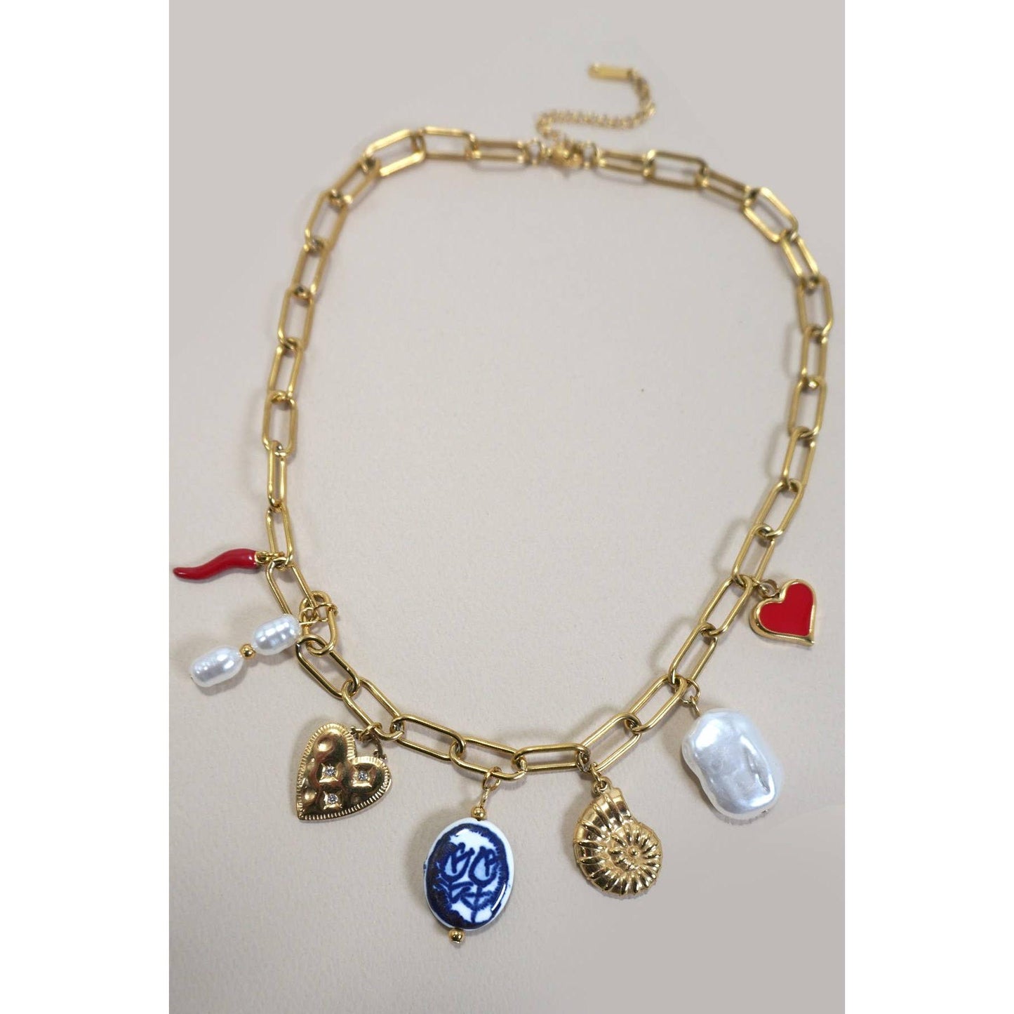 Charm Necklace Tulip and Chili Pepper 18K Stainless Steel Tarnish Free Gold Finish | 16" Long | Paper Clip Style Chain
