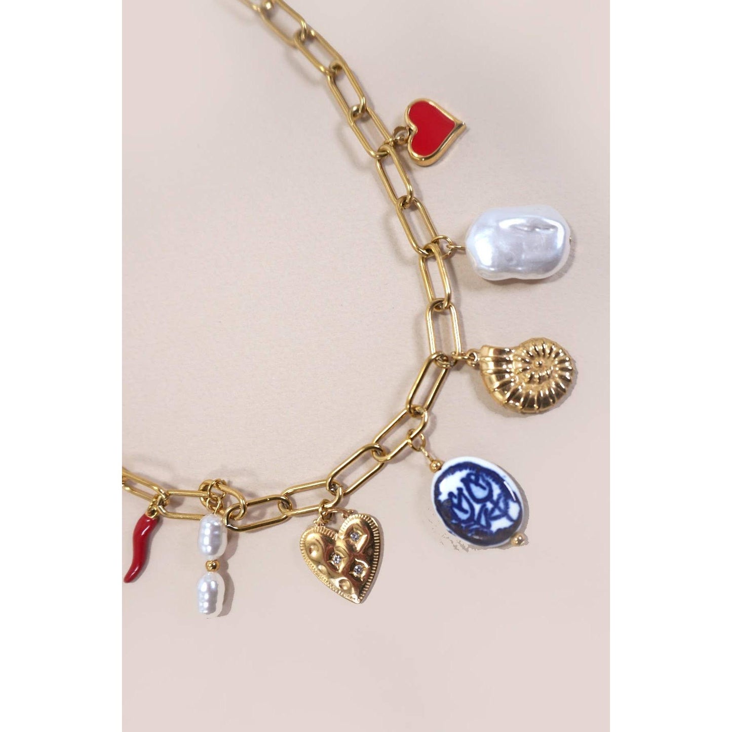 Charm Necklace Tulip and Chili Pepper 18K Stainless Steel Tarnish Free Gold Finish | 16" Long | Paper Clip Style Chain