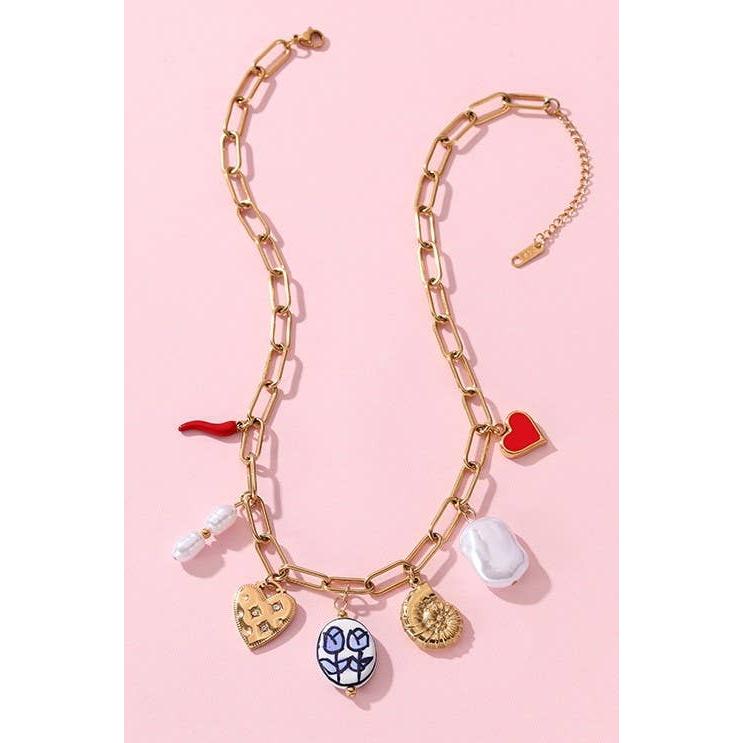 Charm Necklace Tulip and Chili Pepper 18K Stainless Steel Tarnish Free Gold Finish | 16" Long | Paper Clip Style Chain