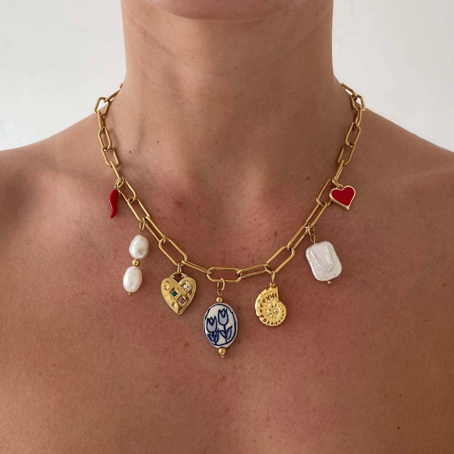 Charm Necklace Tulip and Chili Pepper 18K Stainless Steel Tarnish Free Gold Finish | 16" Long | Paper Clip Style Chain