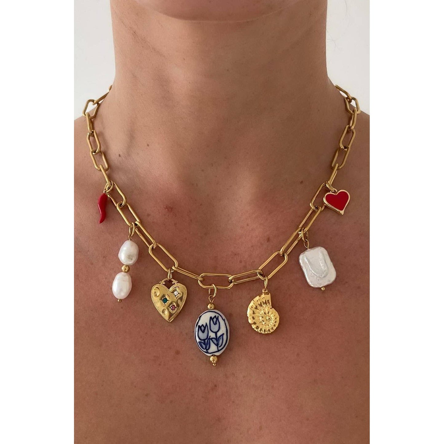Charm Necklace Tulip and Chili Pepper 18K Stainless Steel Tarnish Free Gold Finish | 16" Long | Paper Clip Style Chain