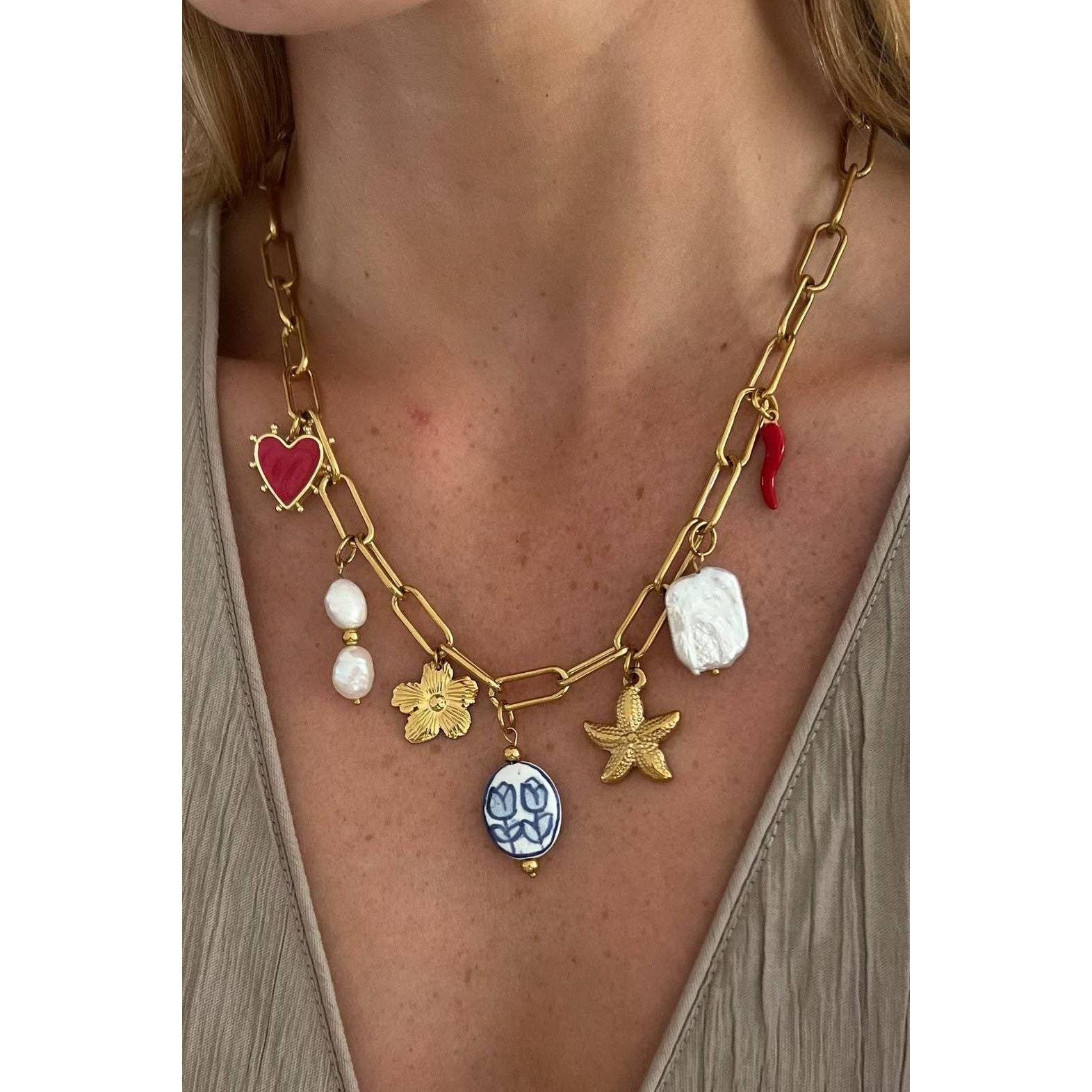 Charm Necklace Tulip and Chili Pepper 18K Stainless Steel Tarnish Free Gold Finish | 16" Long | Paper Clip Style Chain