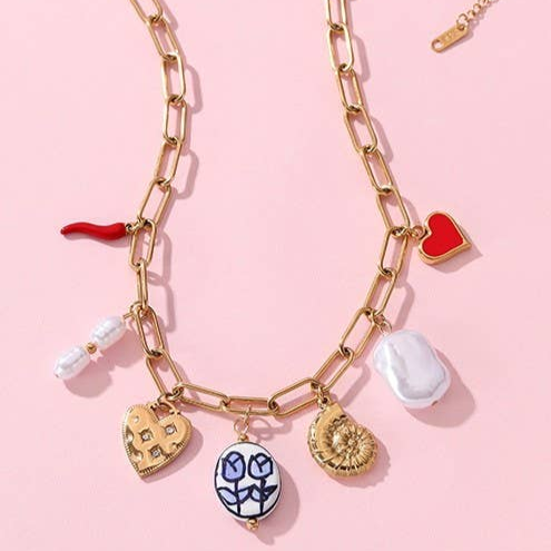 Charm Necklace Tulip and Chili Pepper 18K Stainless Steel Tarnish Free Gold Finish | 16" Long | Paper Clip Style Chain