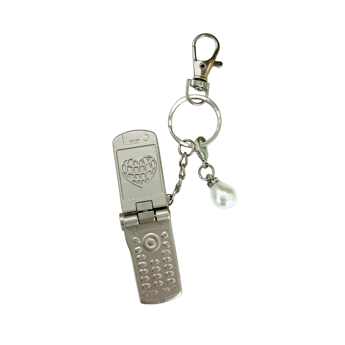 Charmed Pearl Y2K Flip Phone Fidget Keychain | Spinning Silver Flip Phone Charm-GetBullish-The Bullish Store