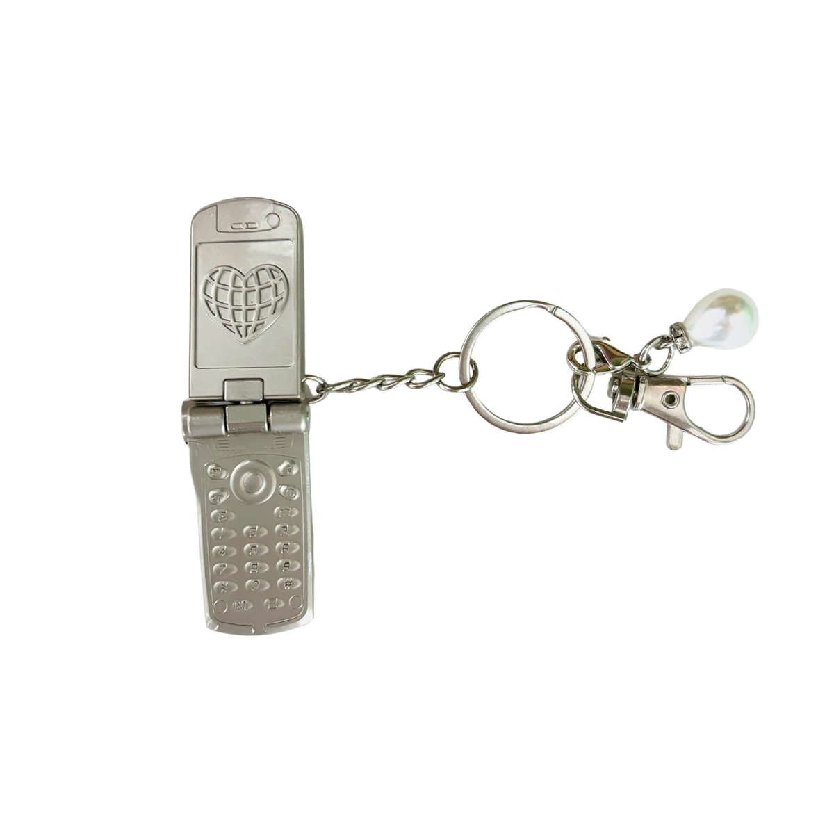 Charmed Pearl Y2K Flip Phone Fidget Keychain | Spinning Silver Flip Phone Charm-GetBullish-The Bullish Store