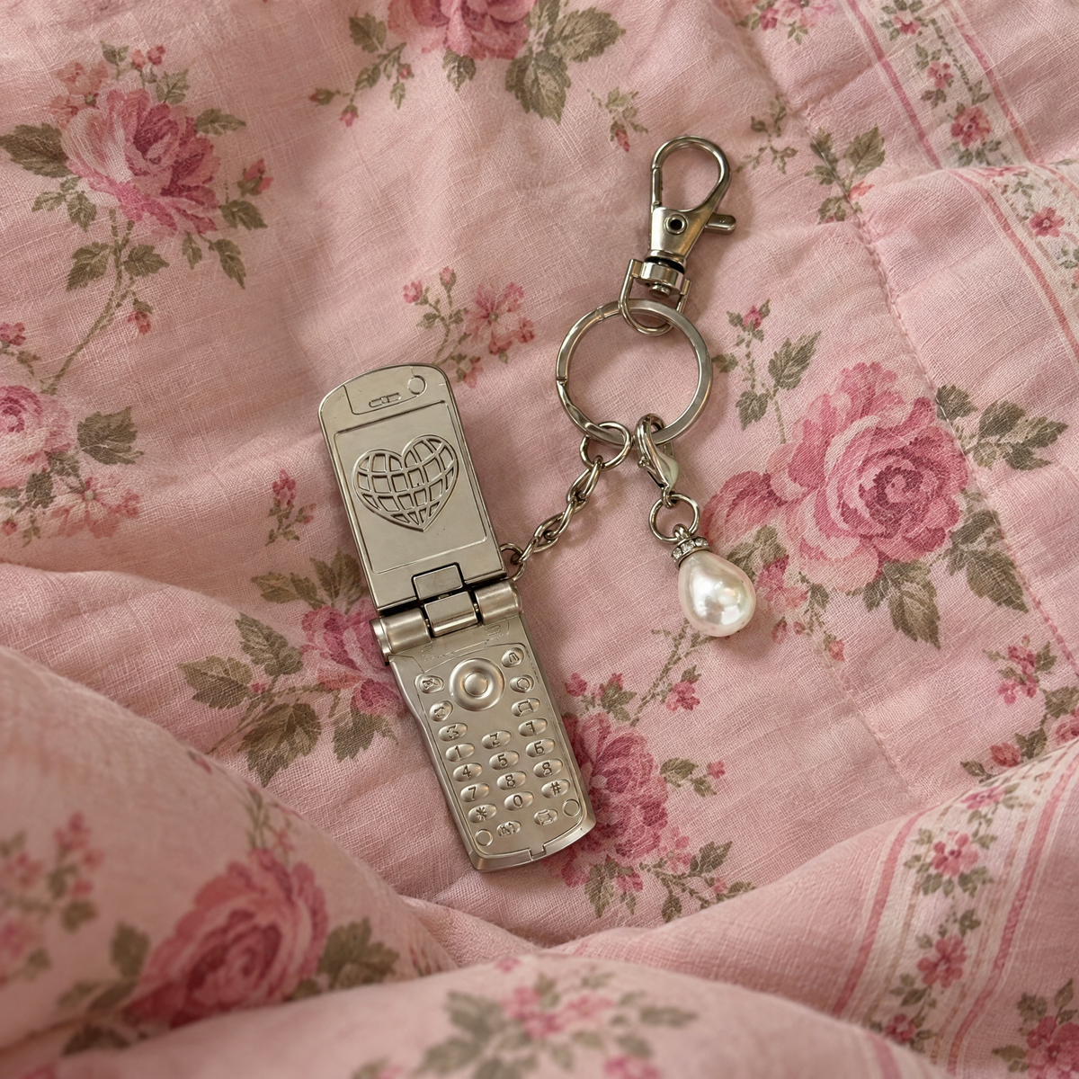 Charmed Pearl Y2K Flip Phone Fidget Keychain | Spinning Silver Flip Phone Charm-GetBullish-The Bullish Store