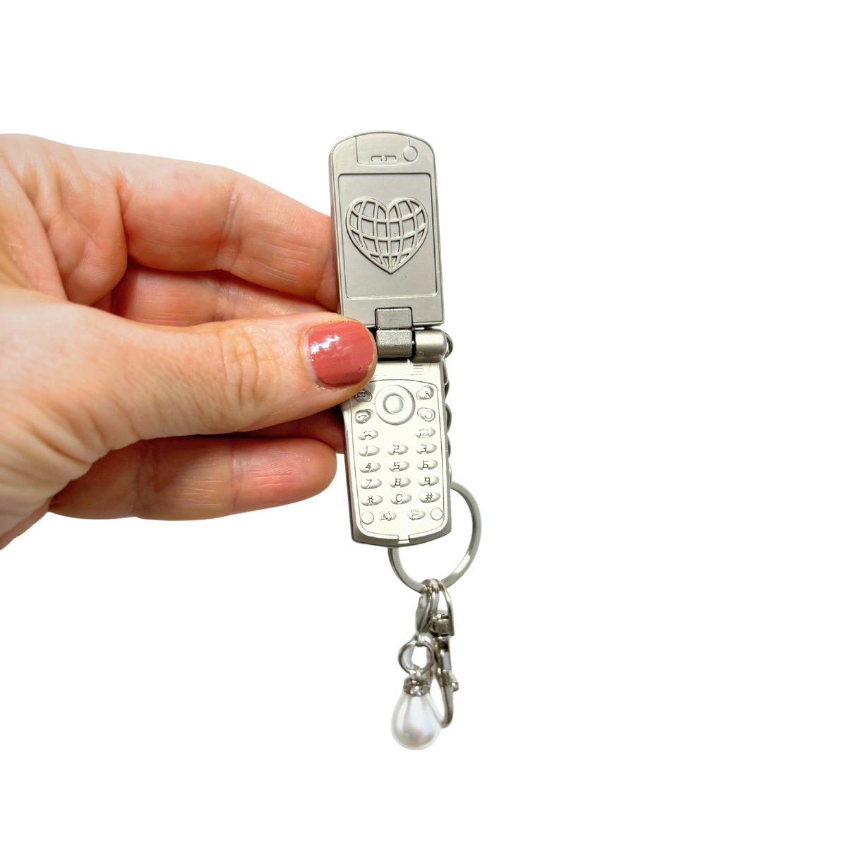 Charmed Pearl Y2K Flip Phone Fidget Keychain | Spinning Silver Flip Phone Charm-GetBullish-The Bullish Store