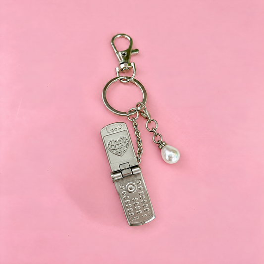 Charmed Pearl Y2K Flip Phone Fidget Keychain | Spinning Silver Flip Phone Charm-GetBullish-The Bullish Store