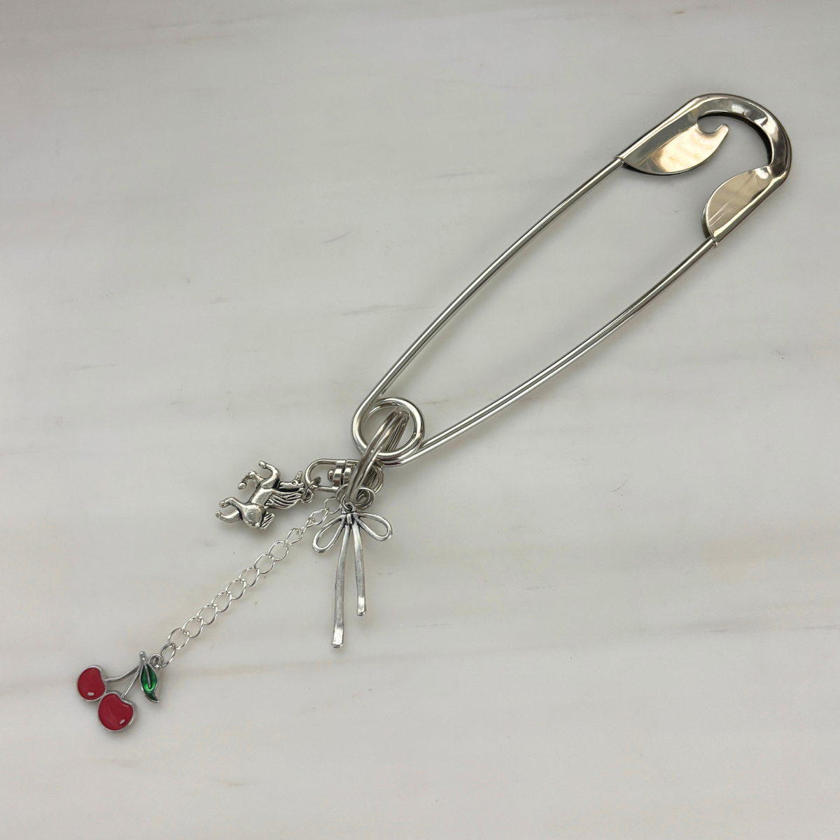 Charmed Safety Pin Hair Clip | Cherry Coquette | 5" Silver | Handmade