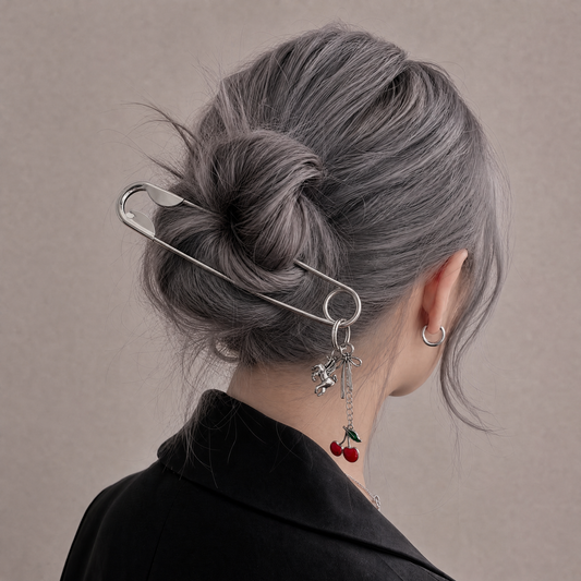 Charmed Safety Pin Hair Clip | Cherry Coquette | 5" Silver | Handmade