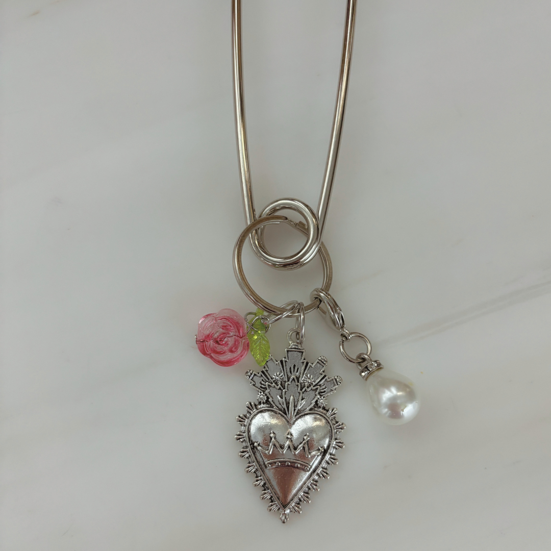 Charmed Safety Pin Hair Clip | Sacred Heart + Rose | 5" Silver | Handmade