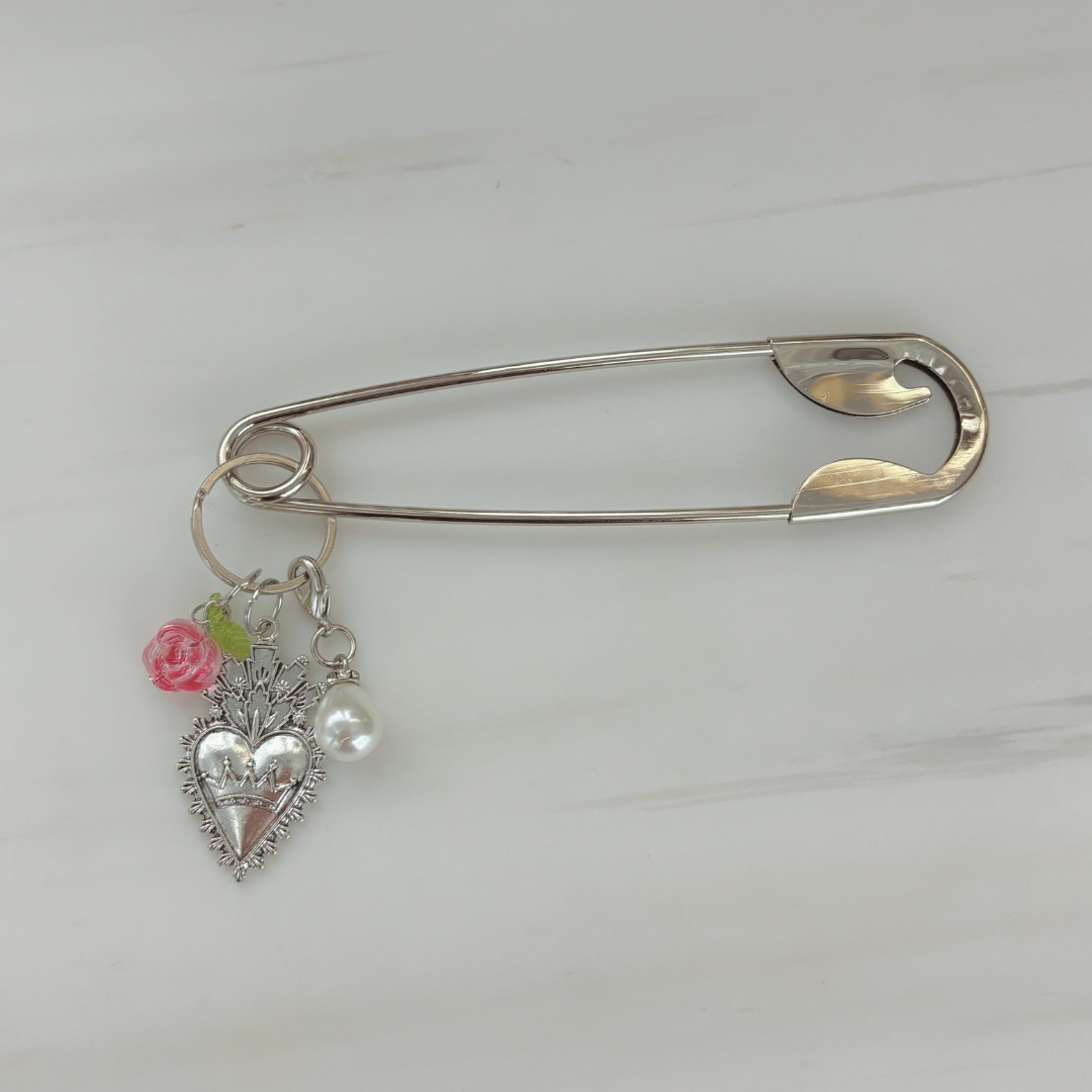 Charmed Safety Pin Hair Clip | Sacred Heart + Rose | 5" Silver | Handmade