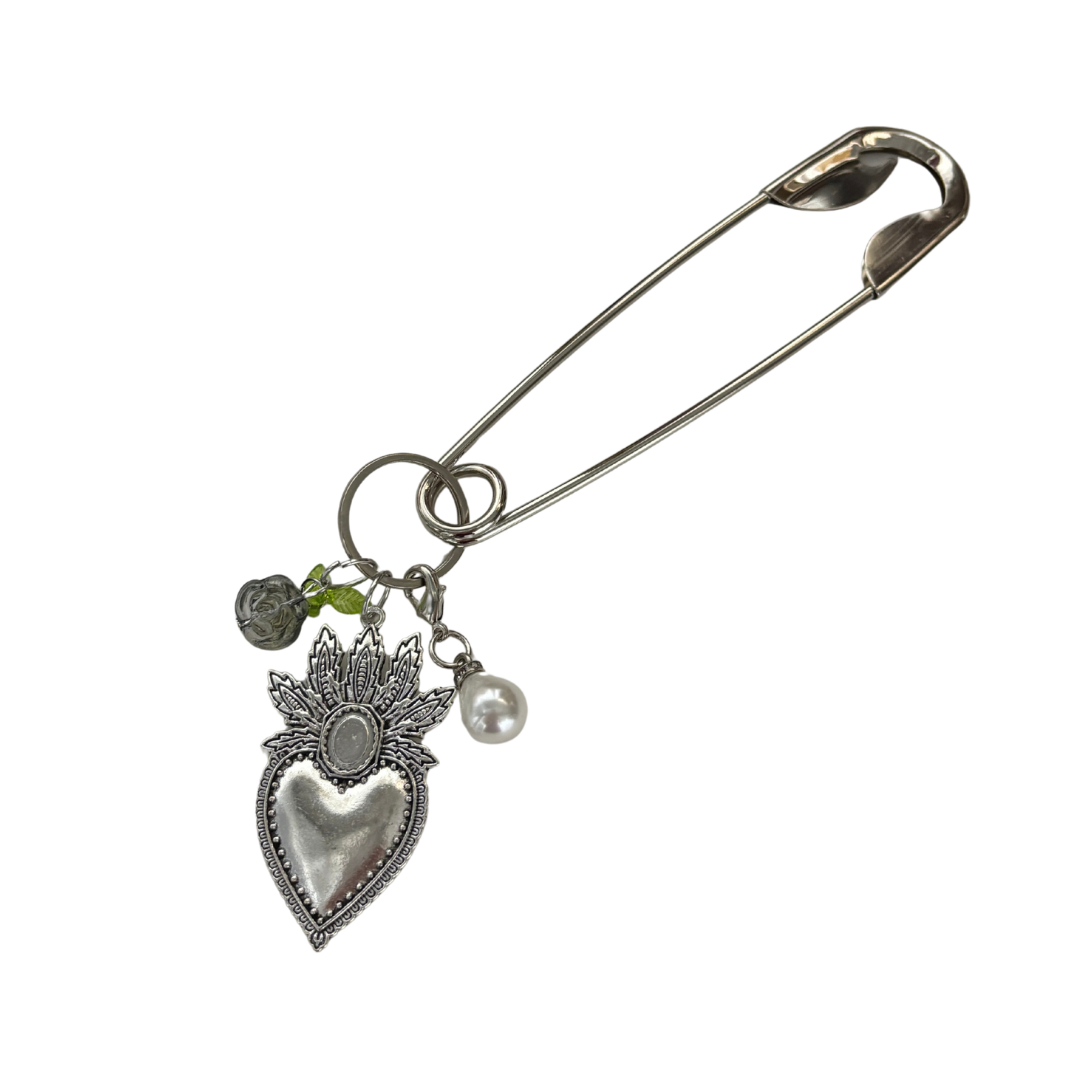 Charmed Safety Pin Hair Clip | Sacred Heart + Rose | 5" Silver | Handmade