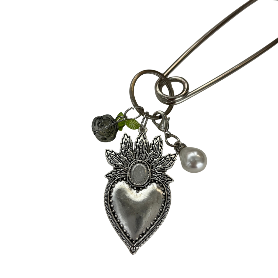 Charmed Safety Pin Hair Clip | Sacred Heart + Rose | 5" Silver | Handmade