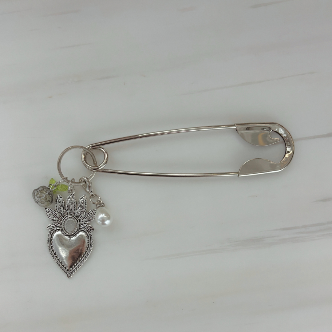 Charmed Safety Pin Hair Clip | Sacred Heart + Rose | 5" Silver | Handmade