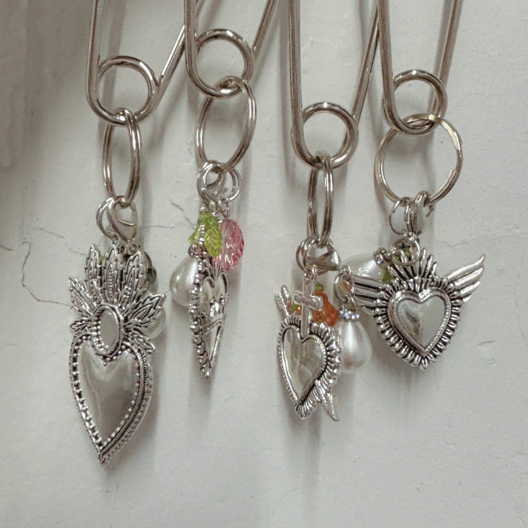 Charmed Safety Pin Hair Clip | Sacred Heart + Rose | 5" Silver | Handmade
