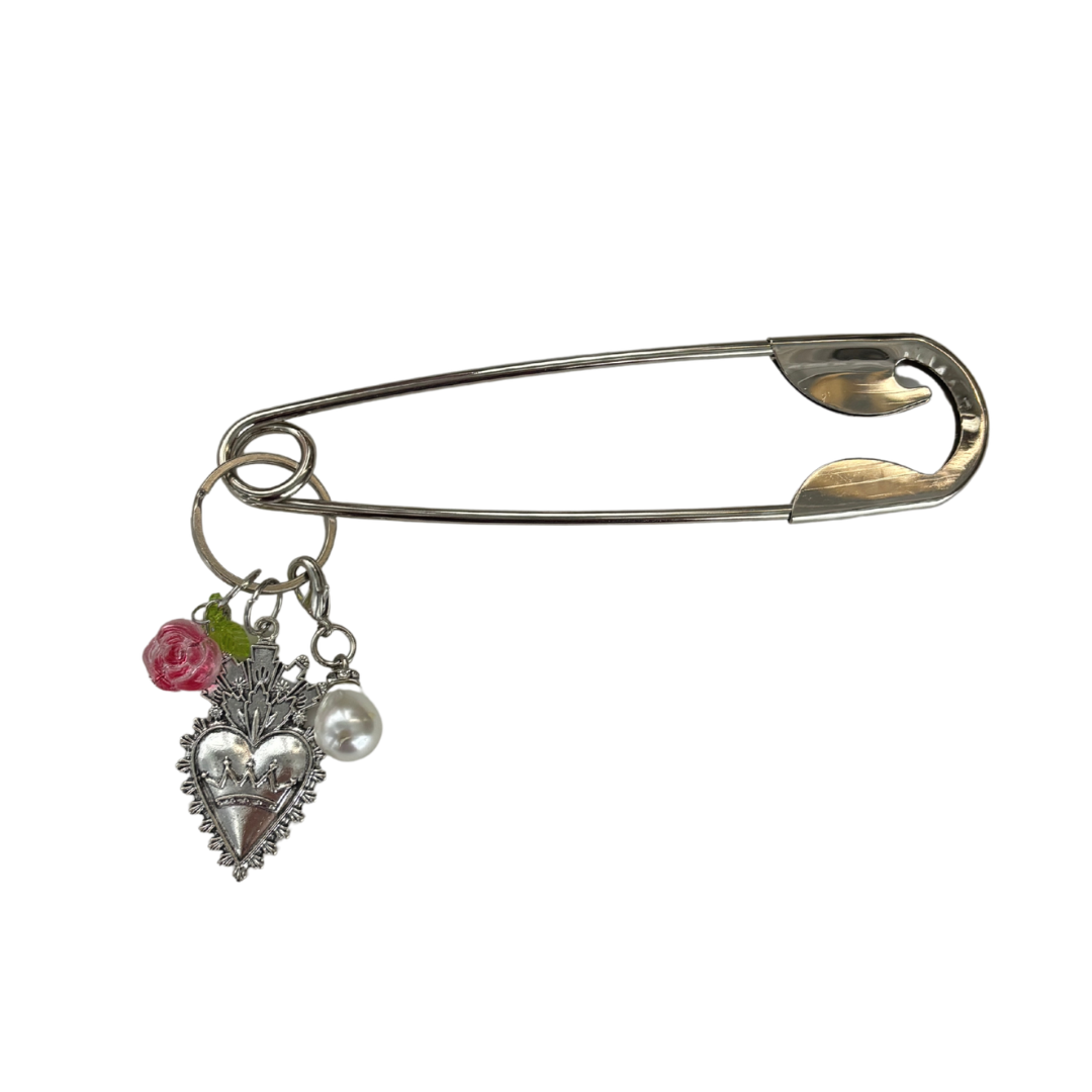 Charmed Safety Pin Hair Clip | Sacred Heart + Rose | 5" Silver | Handmade