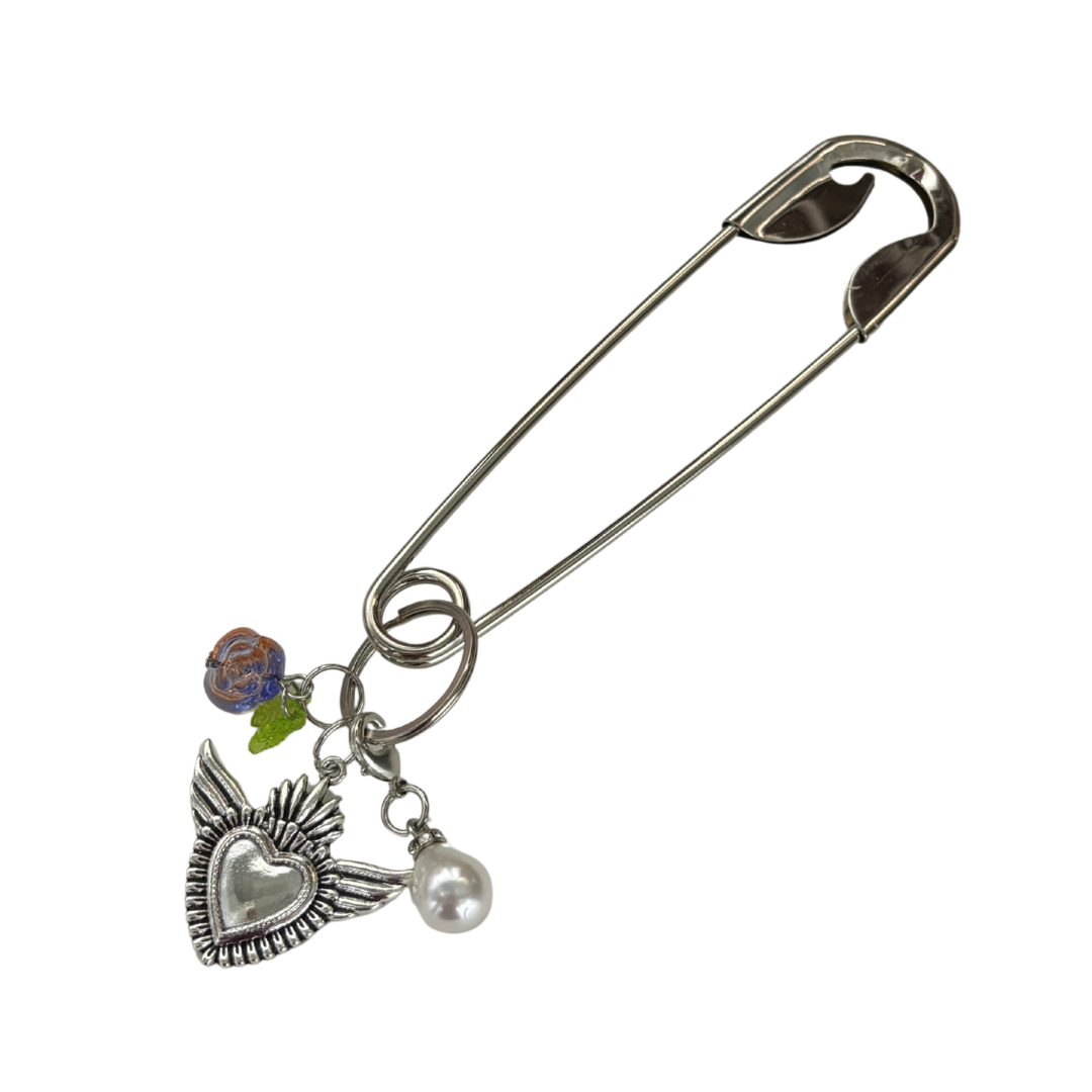 Charmed Safety Pin Hair Clip | Sacred Heart + Rose | 5" Silver | Handmade