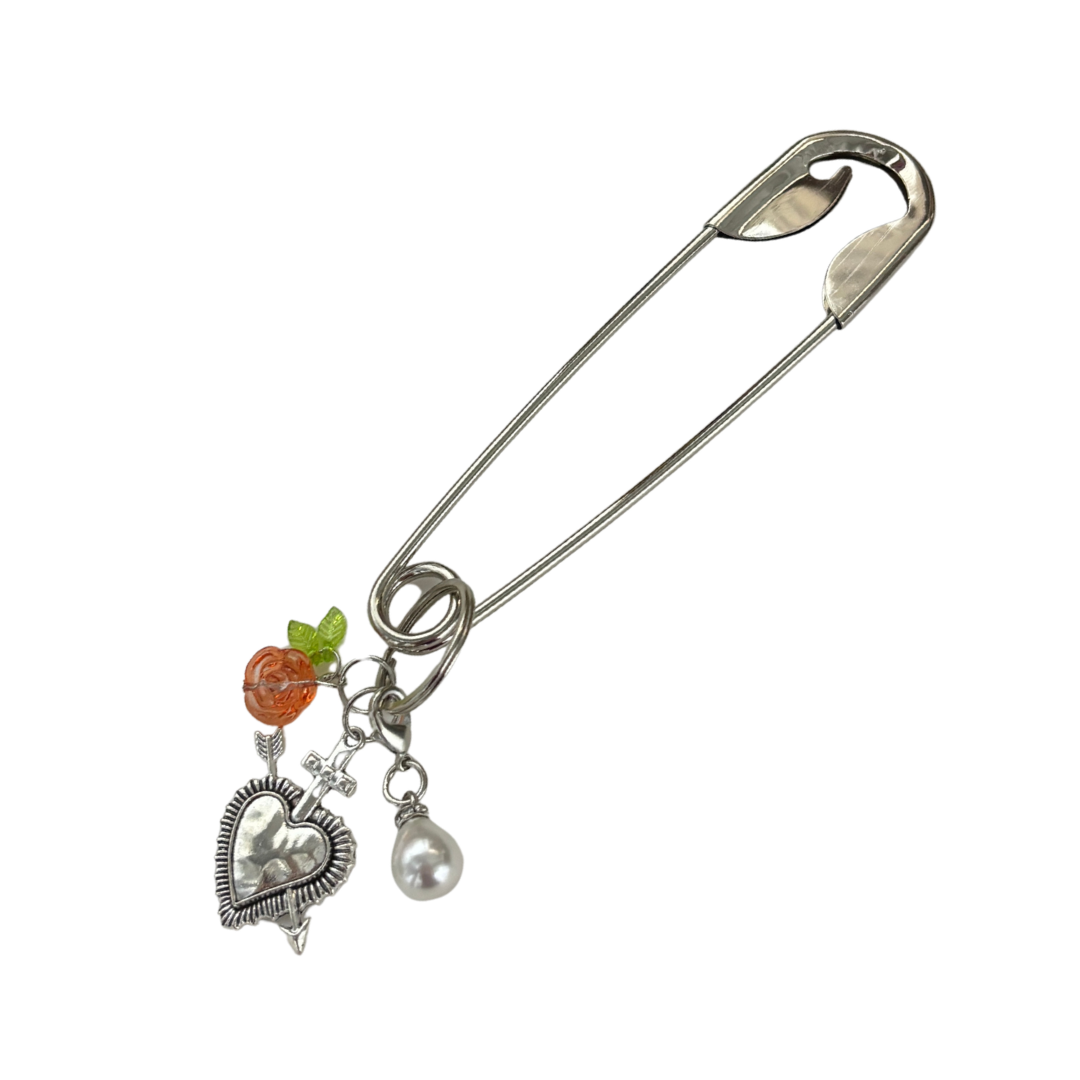 Charmed Safety Pin Hair Clip | Sacred Heart + Rose | 5" Silver | Handmade