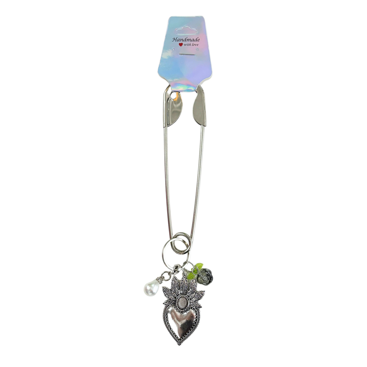 Charmed Safety Pin Hair Clip | Sacred Heart + Rose | 5" Silver | Handmade