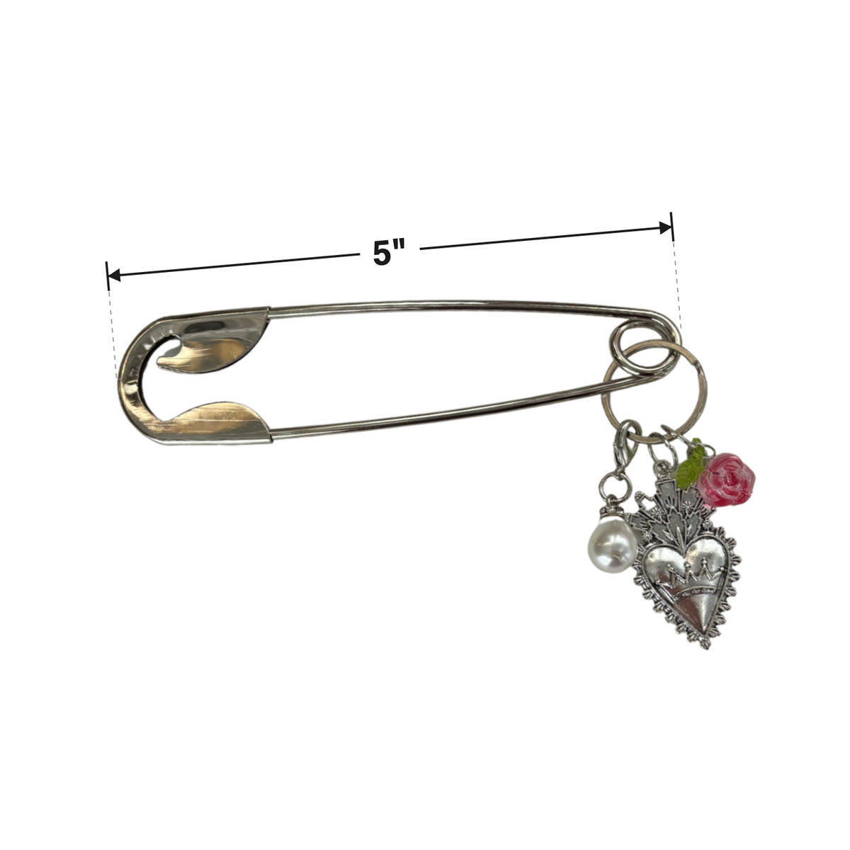Charmed Safety Pin Hair Clip | Sacred Heart + Rose | 5" Silver | Handmade