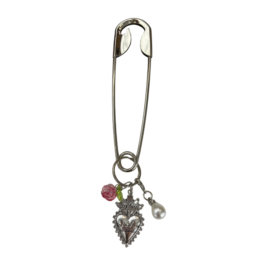 Charmed Safety Pin Hair Clip | Sacred Heart + Rose | 5" Silver | Handmade
