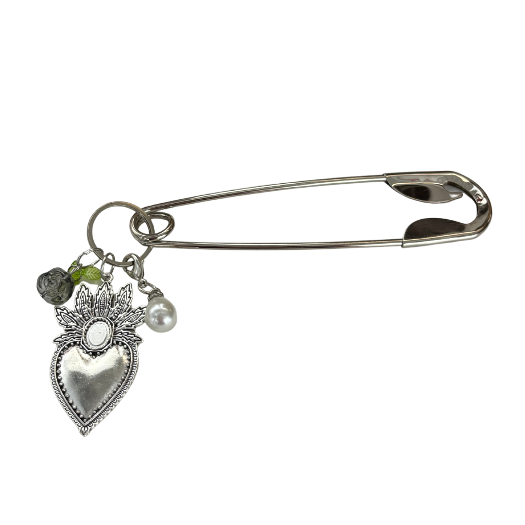 Charmed Safety Pin Hair Clip | Sacred Heart + Rose | 5" Silver | Handmade