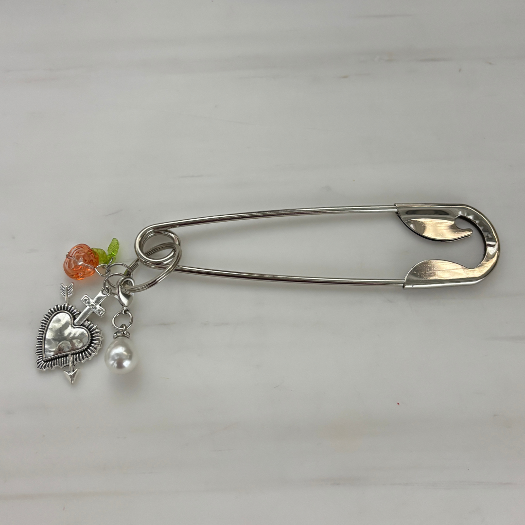 Charmed Safety Pin Hair Clip | Sacred Heart + Rose | 5" Silver | Handmade