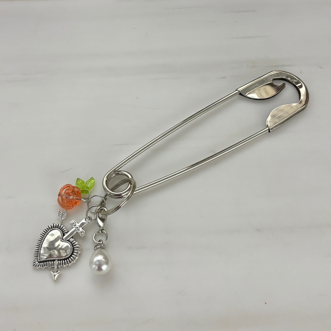 Charmed Safety Pin Hair Clip | Sacred Heart + Rose | 5" Silver | Handmade