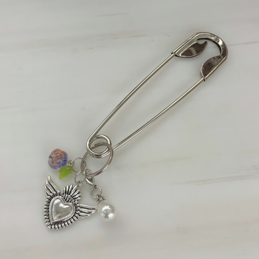 Charmed Safety Pin Hair Clip | Sacred Heart + Rose | 5" Silver | Handmade