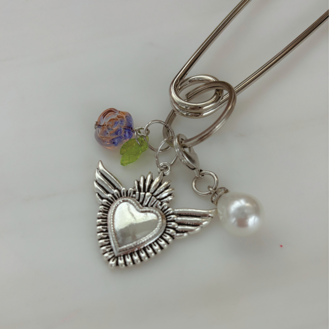 Charmed Safety Pin Hair Clip | Sacred Heart + Rose | 5" Silver | Handmade