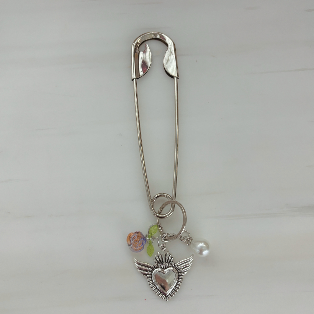 Charmed Safety Pin Hair Clip | Sacred Heart + Rose | 5" Silver | Handmade